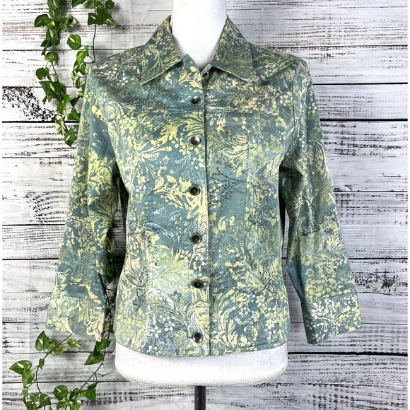 Susan Bristol Jacket size Small Gray Green Floral Beads Pockets Casual Trucker - Picture 1 of 16